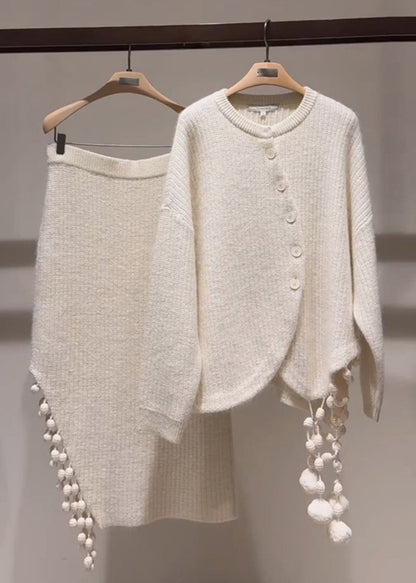 Stylish Light Grey Asymmetrical Tassel Patchwork Cotton Knit Sweaters and Maxi Skirts Two Pieces Set Winter