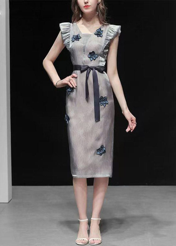 Stylish Light Grey Square Collar Ruffled Long Dresses Summer