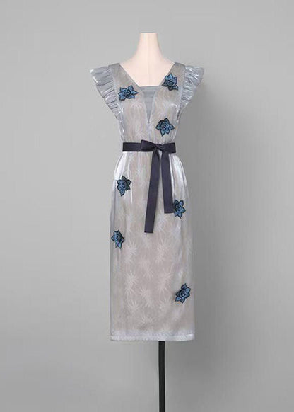 Stylish Light Grey Square Collar Ruffled Long Dresses Summer