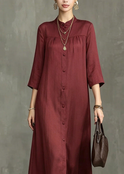 Stylish Mulberry Stand Collar Wrinkled Maxi Shirts Dress Summer