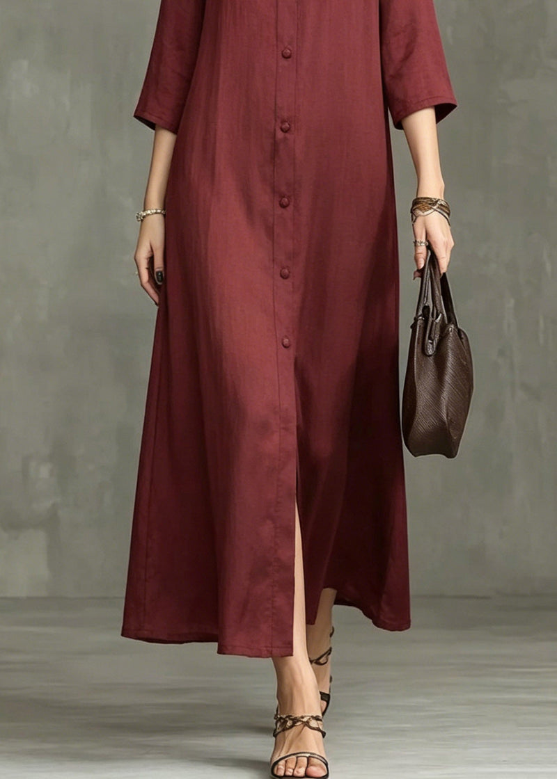 Stylish Mulberry Stand Collar Wrinkled Maxi Shirts Dress Summer