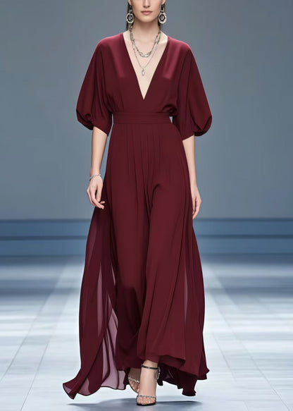 Stylish Mulberry V Neck Chiffon Maxi Dresses Summer