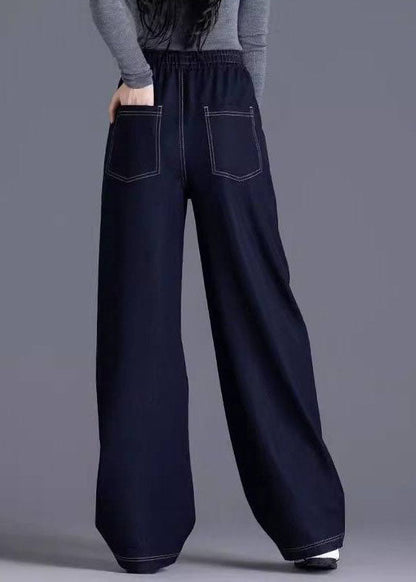 Stylish Navy Pockets Patchwork Elastic Waist Denim Pants Spring
