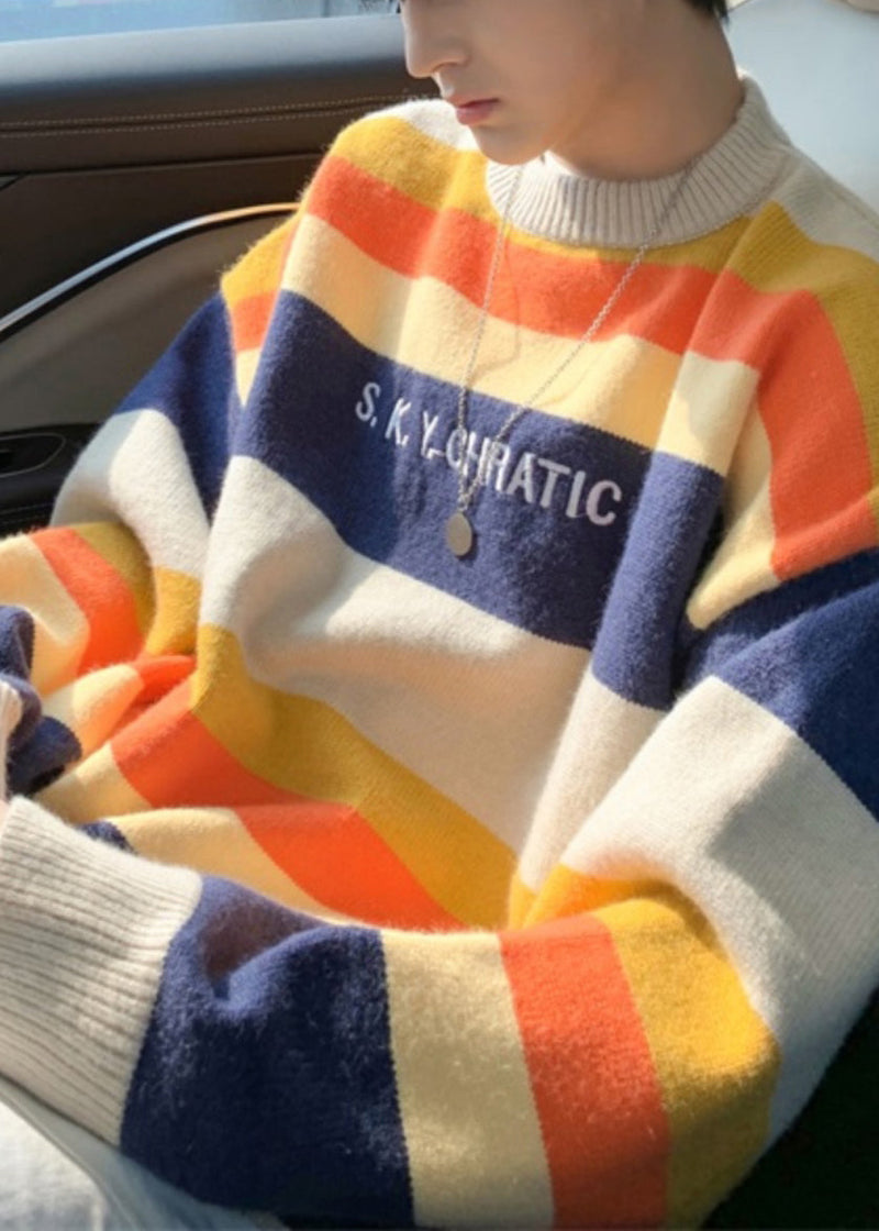 Stylish Navy Striped Embroideried Knit Sweater Fall
