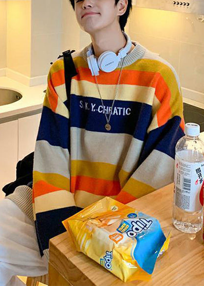 Stylish Navy Striped Embroideried Knit Sweater Fall