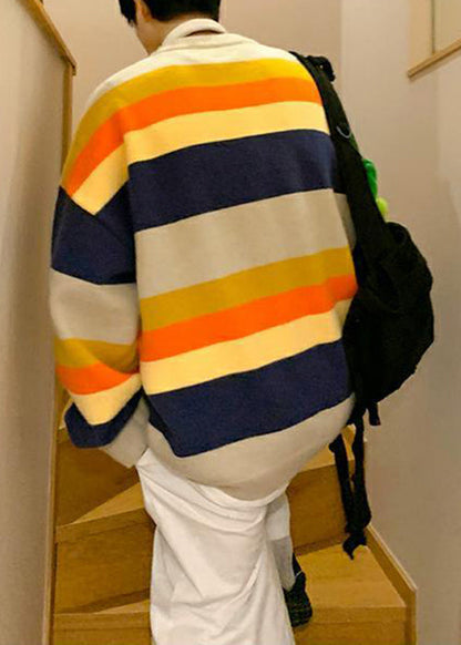 Stylish Navy Striped Embroideried Knit Sweater Fall