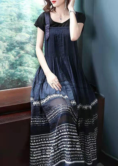 Stylish Navy Wrinkled Print Spaghetti Strap Cotton Maxi Dress Sleeveless