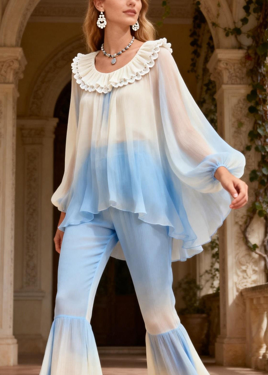 Stylish O Neck Ruffled Top and Pants Silk Two Piece Set Spring