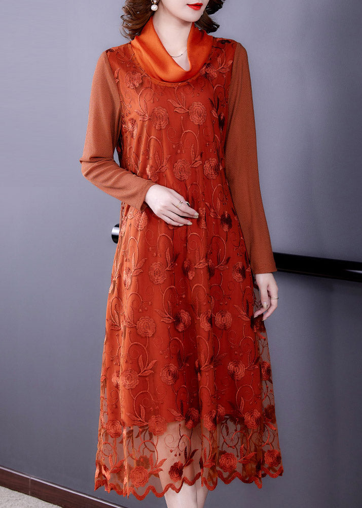 Stylish Orange Embroidered Tulle Long Dress Long Sleeve