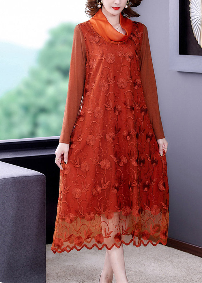 Stylish Orange Embroidered Tulle Long Dress Long Sleeve
