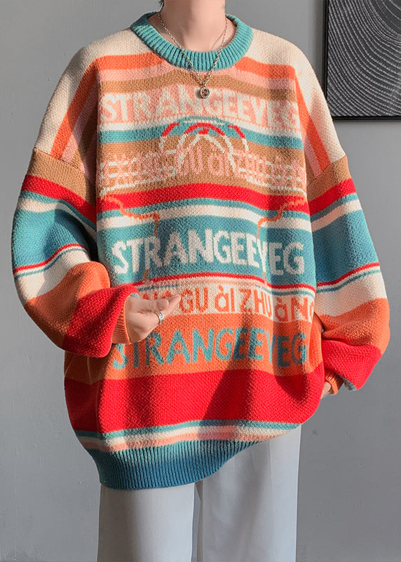 Stylish Orange O Neck Striped Knit Sweaters Winter