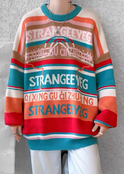 Stylish Orange O Neck Striped Knit Sweaters Winter