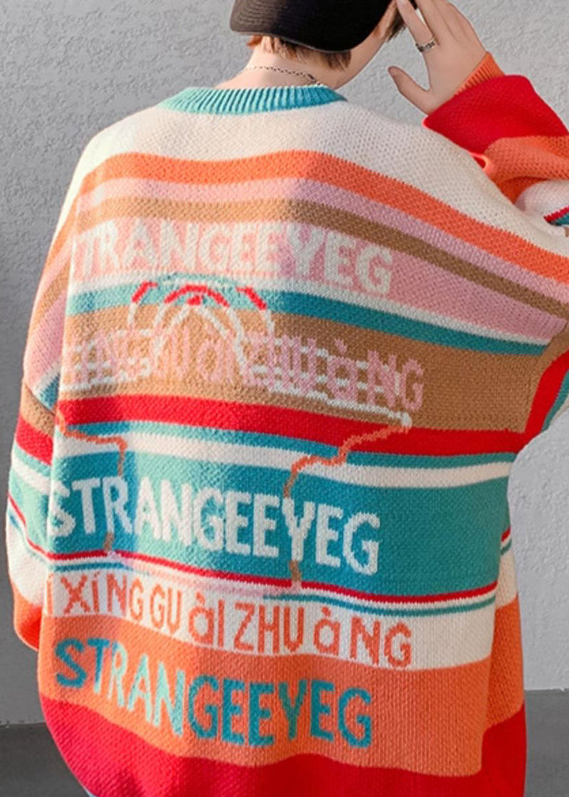 Stylish Orange O Neck Striped Knit Sweaters Winter