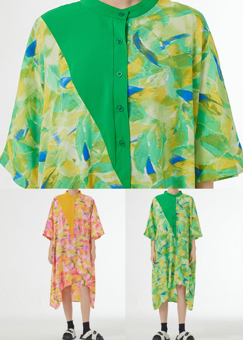 Stylish Orange Stand Collar Print Patchwork Cotton Dress Half Sleeve
