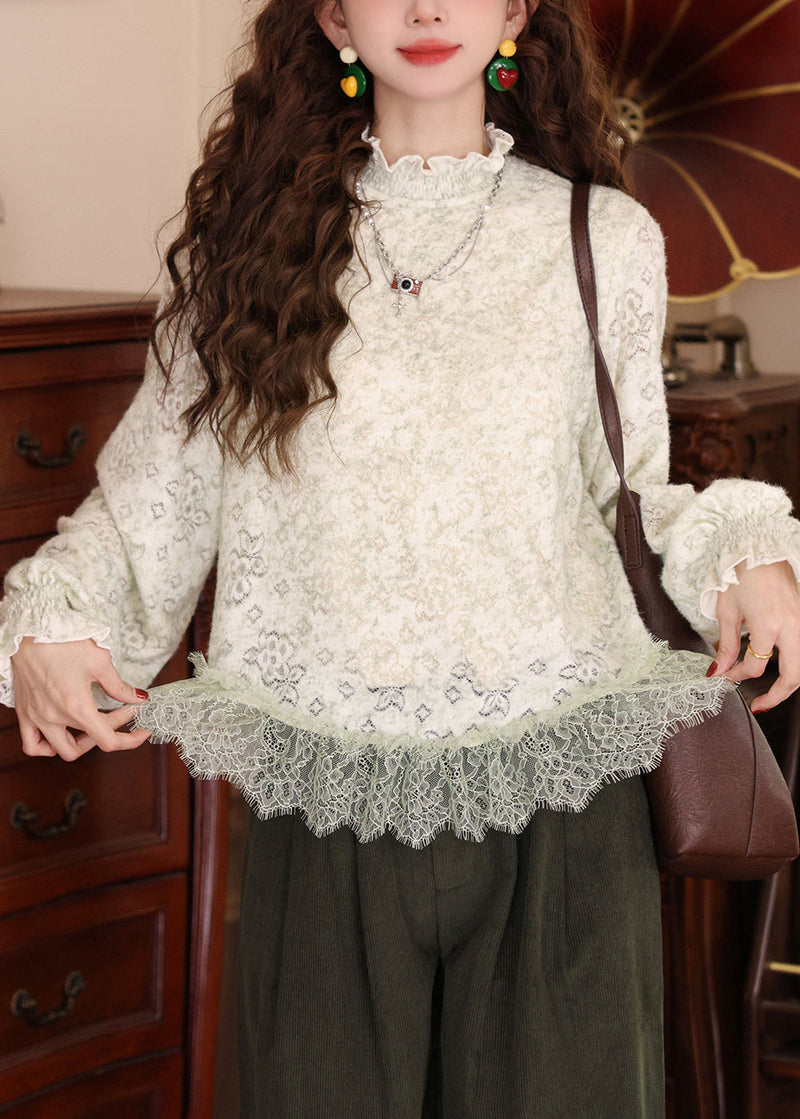 Stylish Pale Green Ruffled Lace Patchwork Knit T Shirt Spring
