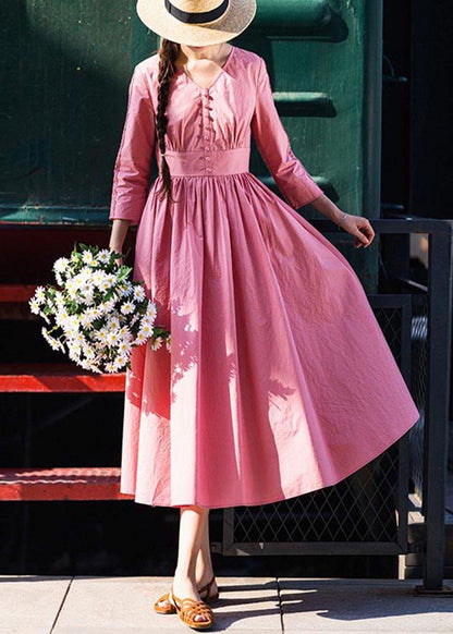 Stylish Pink Button V Neck Mid Summer Cotton Dress