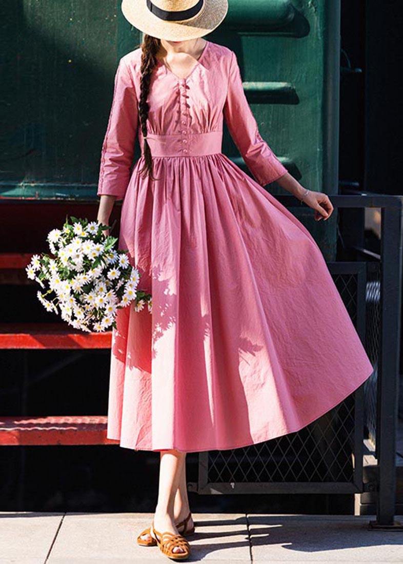 Stylish Pink Button V Neck Mid Summer Cotton Dress