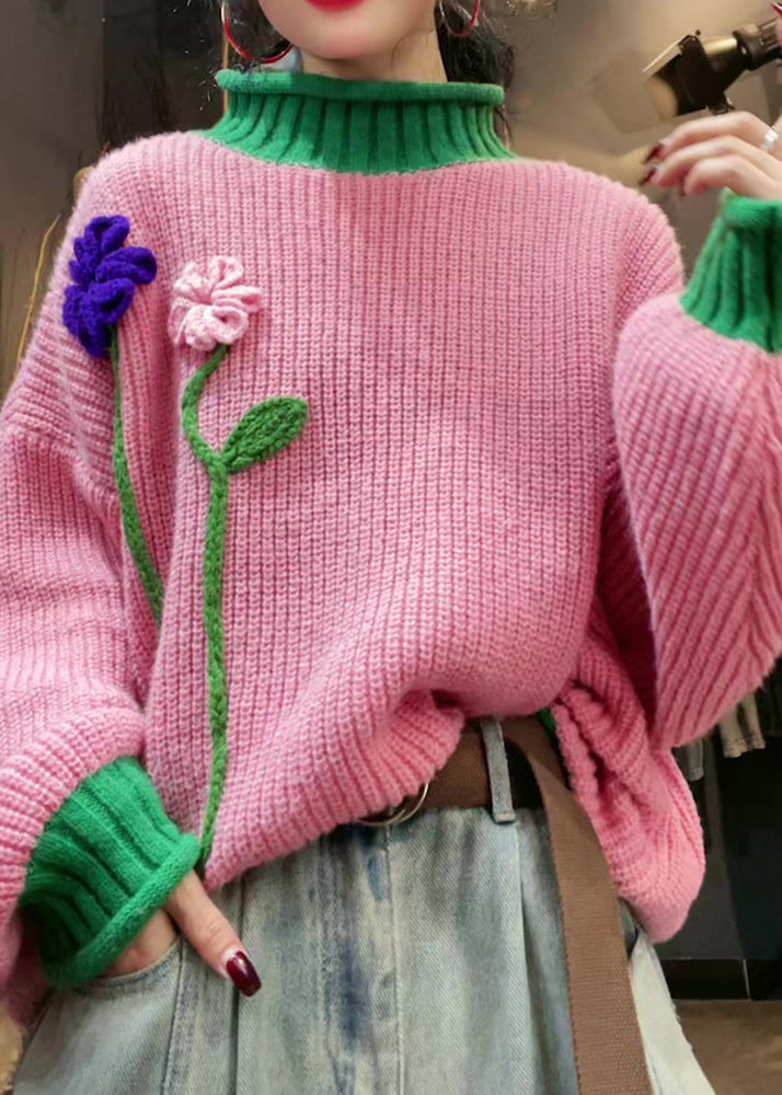 Stylish Pink Hign Neck Patchwork Knit Sweater Winter
