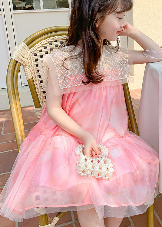 Stylish Pink Nail Bead Wrinkled Patchwork Tulle Kids Dress Summer
