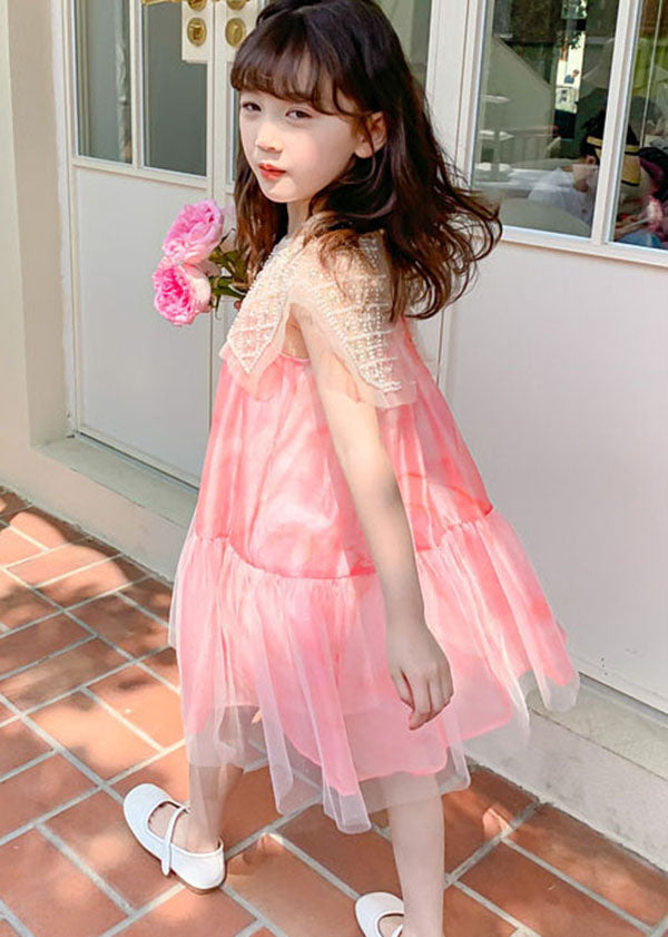 Stylish Pink Nail Bead Wrinkled Patchwork Tulle Kids Dress Summer