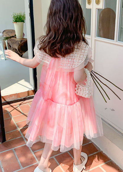 Stylish Pink Nail Bead Wrinkled Patchwork Tulle Kids Dress Summer