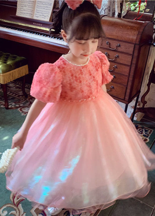 Stylish Pink O-neck Nail Bead Patchwork Tulle Baby Dresses Summer