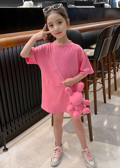 Stylish Pink O Neck Patchwork Cotton Kids T Shirt Dresses Summer