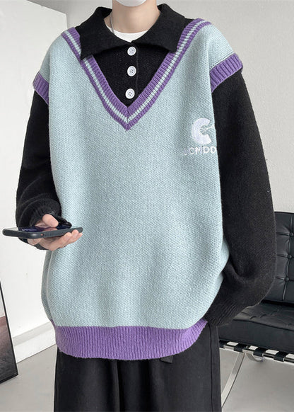 Stylish Pink Peter Pan Collar Button Patchwork Knit Sweaters Spring