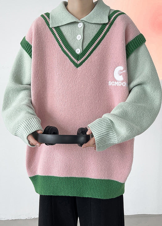 Stylish Pink Peter Pan Collar Button Patchwork Knit Sweaters Spring