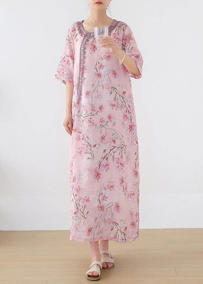 Stylish Pink Print Oriental Summer Linen Dress