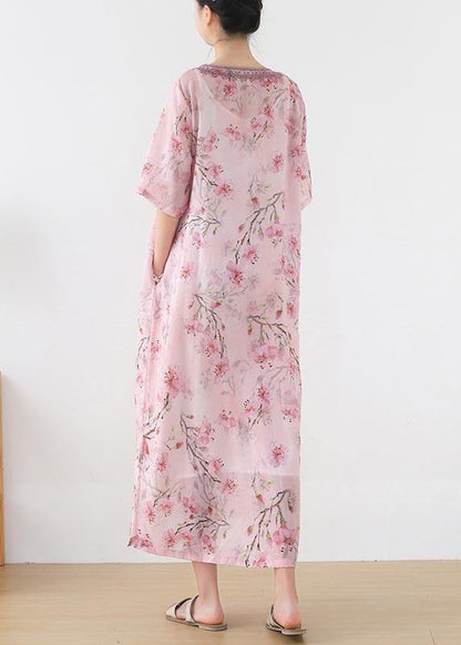 Stylish Pink Print Oriental Summer Linen Dress