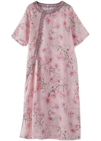 Stylish Pink Print Oriental Summer Linen Dress