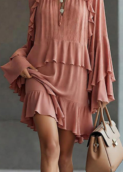 Stylish Pink Ruffled Patchwork Chiffon Mid Dress Spring