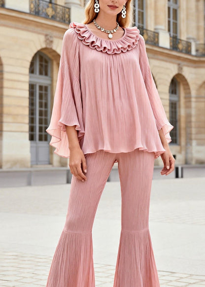 Stylish Pink Ruffled Patchwork Silk Two Pieces Set Spring