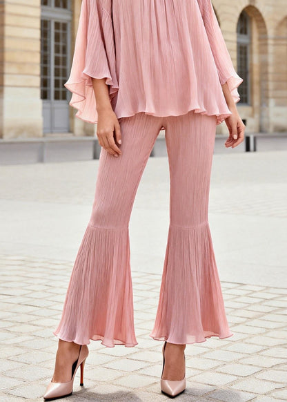Stylish Pink Ruffled Patchwork Silk Two Pieces Set Spring