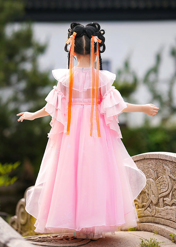 Stylish Pink Ruffled Patchwork Snow Embroideried Tulle Layered Maxi Dresses Summer