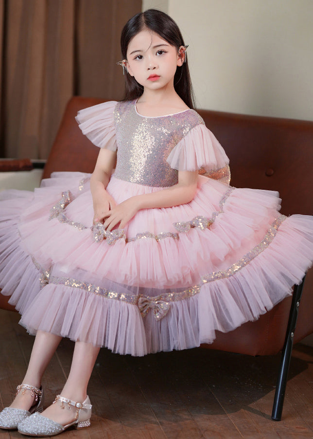 Stylish Pink Sequins Patchwork Bow Exra Large Hem Tulle Baby Maxi Dresses Summer