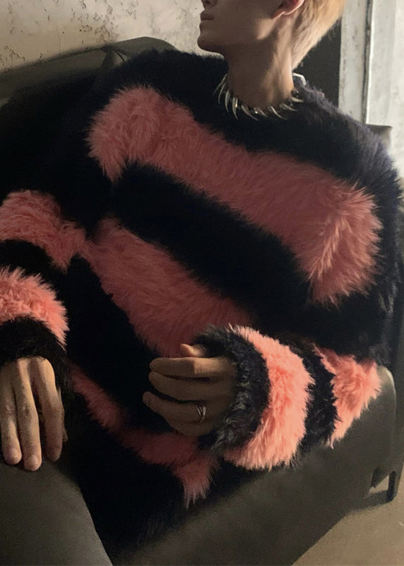 Stylish Pink Striped Patchwork Mink Velvet Sweaters Winter