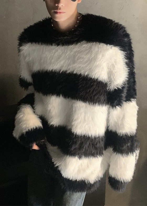 Stylish Pink Striped Patchwork Mink Velvet Sweaters Winter