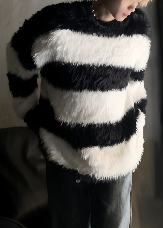 Stylish Pink Striped Patchwork Mink Velvet Sweaters Winter