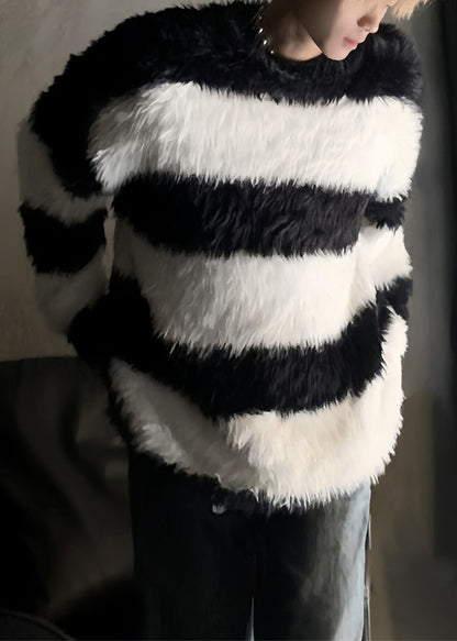 Stylish Pink Striped Patchwork Mink Velvet Sweaters Winter