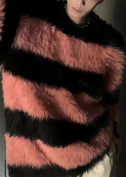 Stylish Pink Striped Patchwork Mink Velvet Sweaters Winter