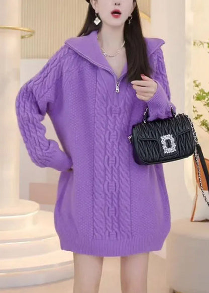 Stylish Pink Zip Up Patchwork Cable Knit Knitwear Dress Winter