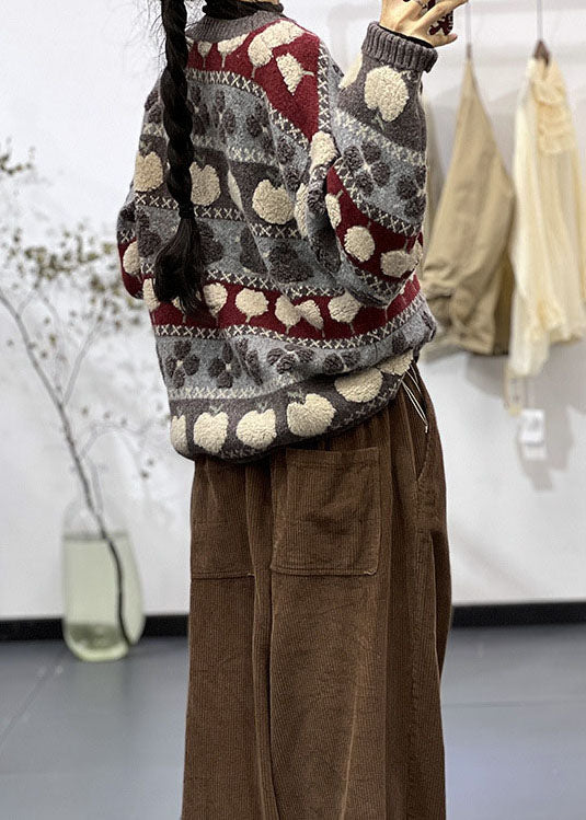 Stylish Grey O Neck Jacquard Knit Sweater Tops Spring