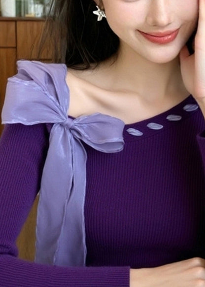 Stylish Purple Bow Knit Sweater Winter