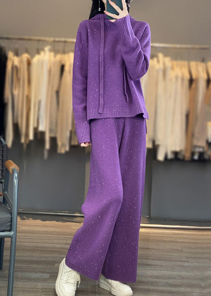 Stylish Purple Drawstring Hooded Cotton Knit Sweaters and Wide Leg Pants Two Piece Set Spring