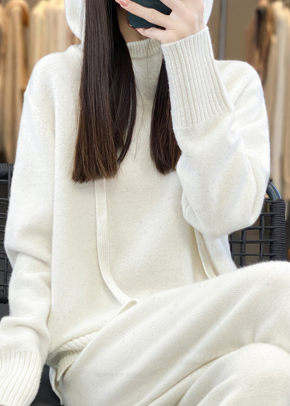 Stylish Purple Drawstring Hooded Cotton Knit Sweaters and Wide Leg Pants Two Piece Set Spring