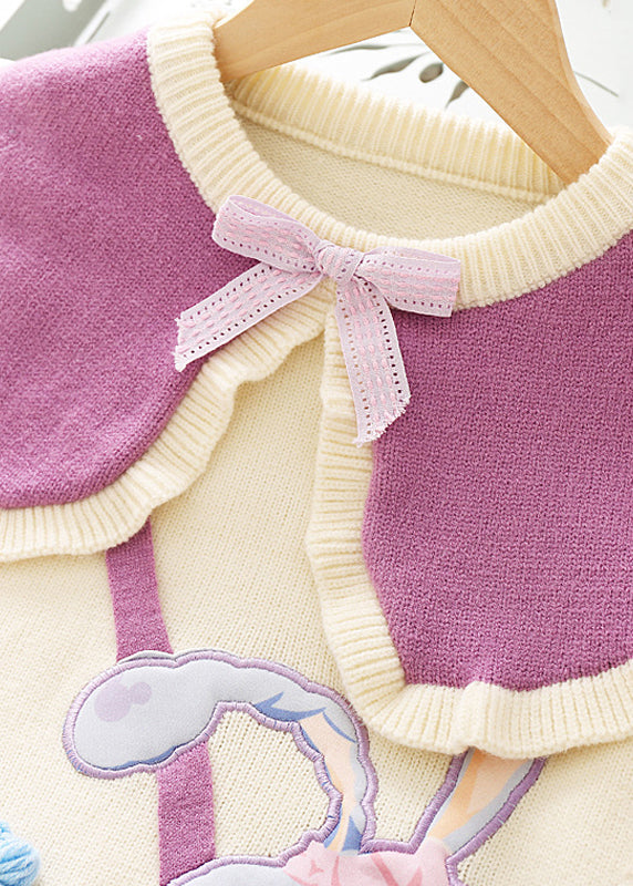 Stylish Purple O Neck Patchwork Knit Kids Sweater Dresses Fall