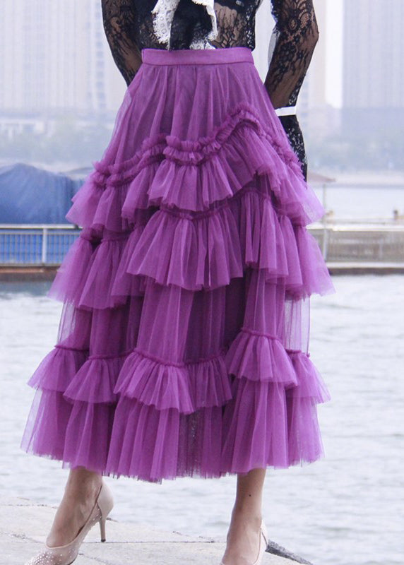 Stylish Purple Ruffled Patchwork Tulle Skirts Spring