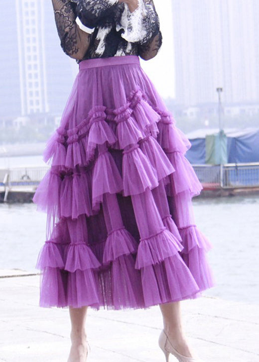 Stylish Purple Ruffled Patchwork Tulle Skirts Spring